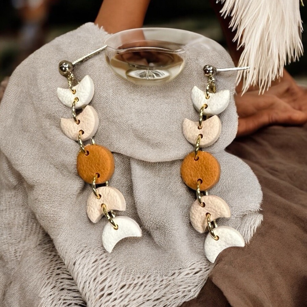 Phases of the Moon Boho Dangle Earrings- Polymer Clay